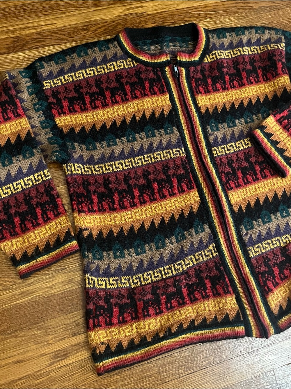 Alpaca cardigan sweater L Andean full zipper striped Granola outdoor
